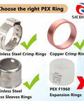 Comparison chart of PEX rings: stainless steel crimp and press sleeves, copper crimp rings compatible with Washer Outlet Box With Water Hammer Arrestor And Valves For Quiet Laundry, No More Banging And Hammering, Inlet 1/2 Inch PEX F1807 Adapters To Fit PEX B Pipe, Outlet 3/4 Inch Male Thread For Washing Machine Hoses, Includes 1/4 Turn Hot And Cold