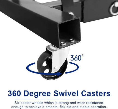 Heavy Duty 2 Ton Folding Engine Hoist With Six Wheel Hydraulic Shop Crane Cherry Picker Rig wheels showing 360-degree swivel feature.