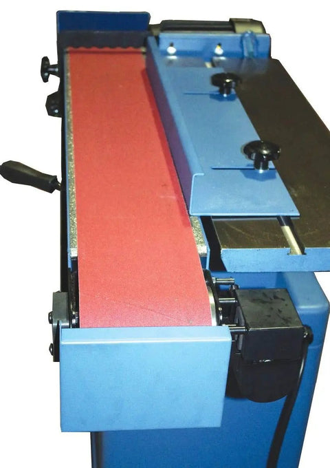 Close-up of 6 Inch By 89 Inch Oscillating Edge Sander with no fuss belt changes and smooth tracking, shown with blue frame and red belt.
