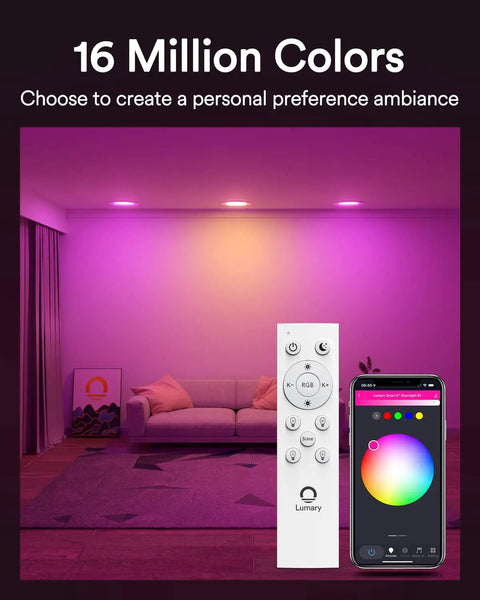 Living room with 4 Pack Canless 4 Inch Smart LED Recessed Downlights, RGBWW lighting, remote, and smartphone control app display
