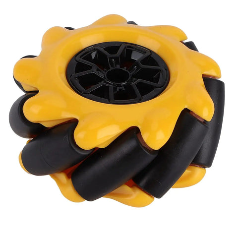 Close-up view of an Omnidirectional Mecanum Wheel For TT Geared Motor, 60mm rubber coated robot car wheel with yellow and black design.