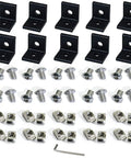 10-pack 2 Hole Black 90 Degree Inside Corner Bracket Kit For 2020 Aluminum Extrusion shown with T nuts, hex screws, and Allen wrench