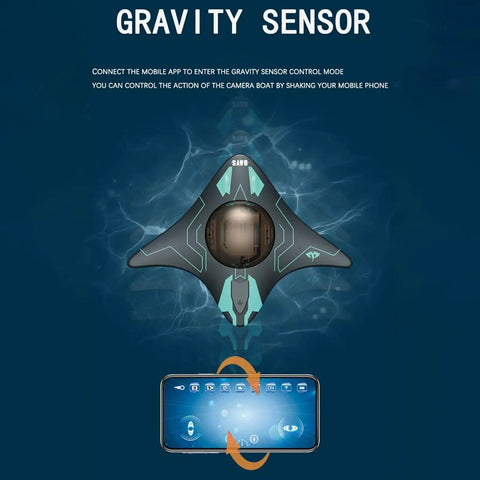 Waterproof Camera RC Boat With App Control For Adults showing gravity sensor and mobile app interface