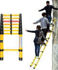 Top Shelf Fiberglass Telescoping Extension Ladder For Roof Access And Outdoor Chores Height Adjustable with users climbing.