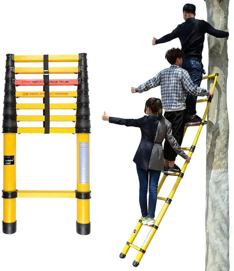 Badass Telescoping Ladder Heavy Duty Fiberglass Extension, compact design with users scaling a tree and highlights secure locks.