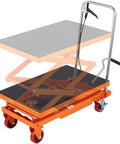 Heavy Duty Portable Hydraulic Lift Table Cart With 330lbs Capacity 50in Scissor Jack Design in motion, showing lift height adjustment.