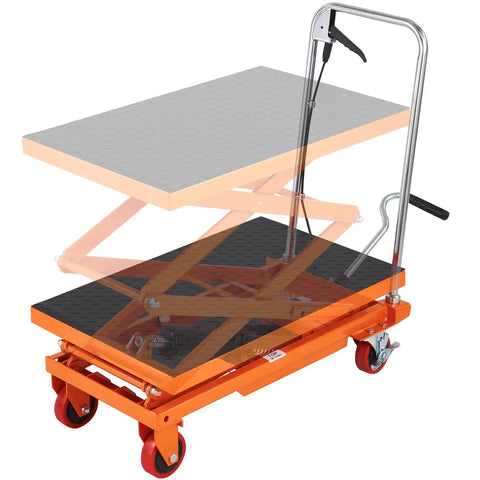 Heavy Duty Portable Hydraulic Lift Table Cart With 330lbs Capacity 50in Scissor Jack Design in motion, showing lift height adjustment.