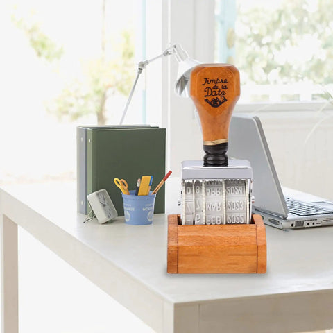 Kickin Retro Wooden Roller Date Stamp With Sleek Grip And Clean Roll On Ink System, natural wood handle, office setup.