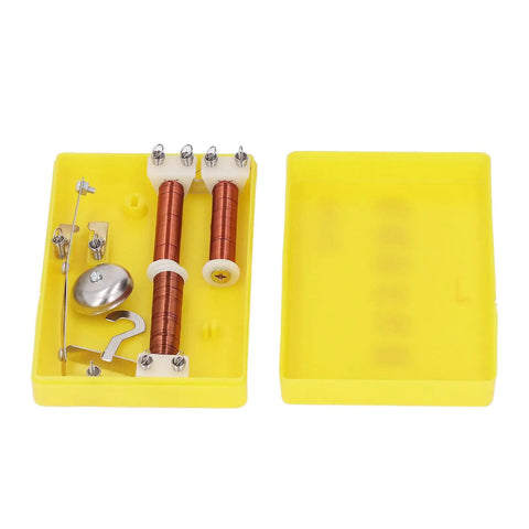 Electromagnet Experiment Kit With Helical Coil Electric Bell Hook Set And Portable Case For Physics Class open in yellow case.