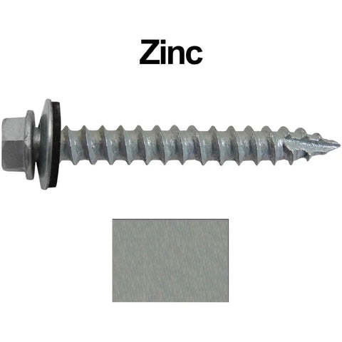 Close-up of Size Fourteen Two Inch 250 Pack Galvanized Hex Head Metal Roofing Screw with EPDM Washer for sheet metal and roofs
