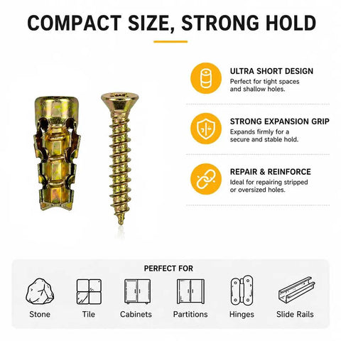 6x14mm Short Expansion Cabinet Hinge Repair Screws And Anchors Kit showing components and benefits for loose and shallow holes.