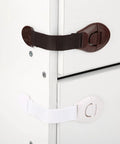 Easy Peasy Baby Proofing Locks 4 Pack for cabinets and drawers, brown and white adhesive belt design, durable ABS nylon, no tools required