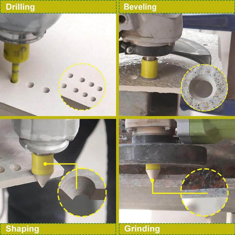 Diamond core drill bit set for tile and stone; includes 4x6/8mm hole saws, 1x20mm beveling bit, 1x5/8-11 hex adapter.
