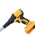 Heavy Duty Cordless Rivet Nailer With Brushless Motor And Auto Reverse Works Perfectly With Dewalt Dcb Batteries For Overhead Jobs Or Tight Spaces Includes Led Light Plus 18 Inch Rivet Cap Kit To Zip Up Metal Sheets Fast. yellow black cordless rivet tool with battery base