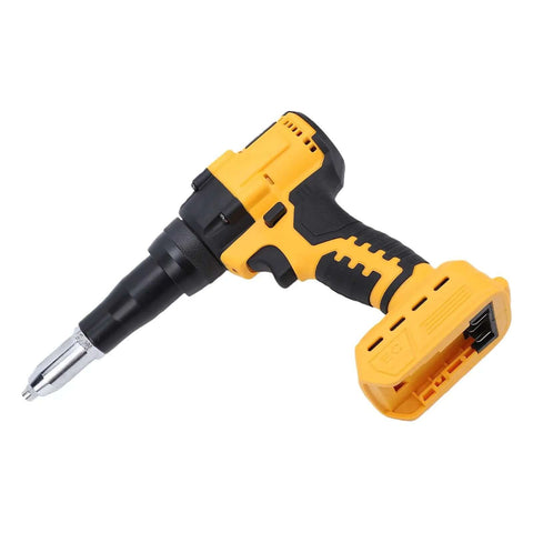 Heavy Duty Cordless Rivet Nailer With Brushless Motor And Auto Reverse Works Perfectly With Dewalt Dcb Batteries For Overhead Jobs Or Tight Spaces Includes Led Light Plus 18 Inch Rivet Cap Kit To Zip Up Metal Sheets Fast. yellow black cordless rivet tool with battery base