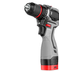 Pro Grade Cordless Brushless Impact Drill With Rock Solid Metal Ratchet Chuck Two Speed Heavy Torque Motor Household Power Screwdriver Tool For Hard Knock Jobs side view showing a metal ratchet chuck and ergonomic grip.