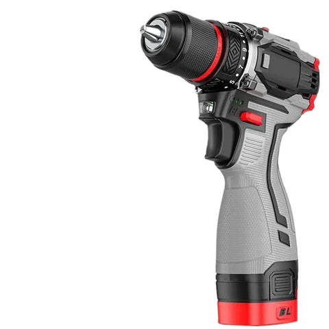 Pro Grade Cordless Brushless Impact Drill With Rock Solid Metal Ratchet Chuck Two Speed Heavy Torque Motor Household Power Screwdriver Tool For Hard Knock Jobs side view showing a metal ratchet chuck and ergonomic grip.