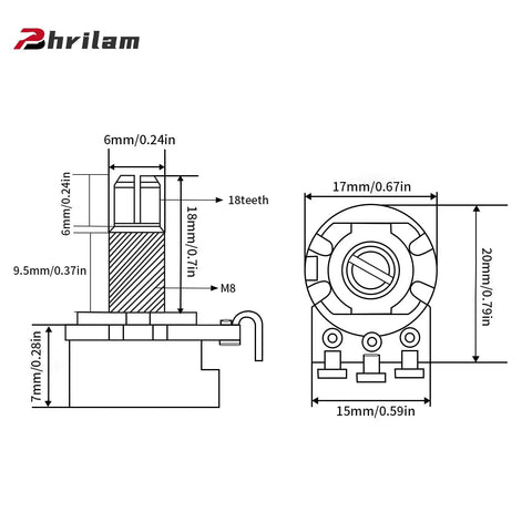 Technical drawing of B500K Mini Metric Split Potentiometers For Electric Guitar And Bass Pro Grade Nine Point Five Millimeter Shaft