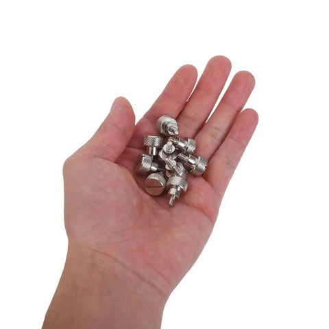 Universal Steel Thumb Screws For Sewing Machine Presser Foot Easy Operation Pro Grade Replacement Spare Parts For Embroidery And Quilting Projects 20 Pack Built For Heavy Duty Use And Consistent Thread Alignment, silver steel thumb screws in hand