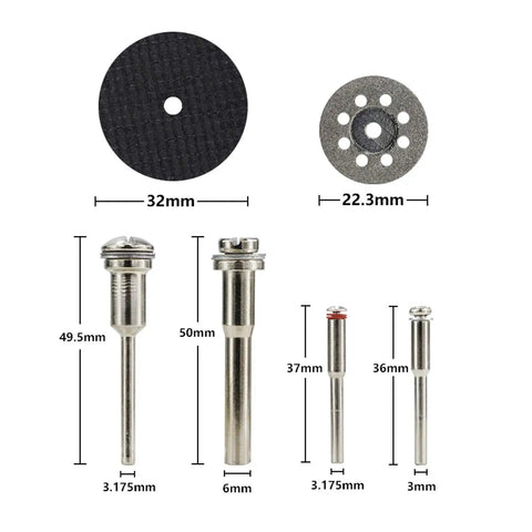 Solid Choice 121 Piece Rotary Tool Accessory Kit with high speed steel blades and cutting discs, detailing sizes and dimensions.