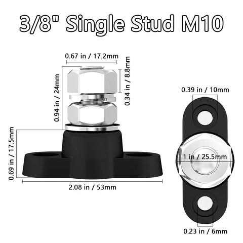 Heavy Duty Built Tough 12V Power Distribution Block With Three Eighth Inch M10 Stud Insulated Battery Post Junction For Auto Boat Marine Solar System DC 12V 48V Up To 250A Peak Positive And Negative Terminal Block Red And Black, 3/8 in M10 stud