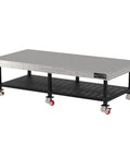 Boss Level Welding Workstation With Smooth Rolling Casters Heavy Duty Steel Fabrication Bench 120 By 60 on wheels with grid top and shelf.
