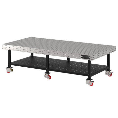 Boss Level Welding Workstation With Smooth Rolling Casters Heavy Duty Steel Fabrication Bench 120 By 60 on wheels with grid top and shelf.