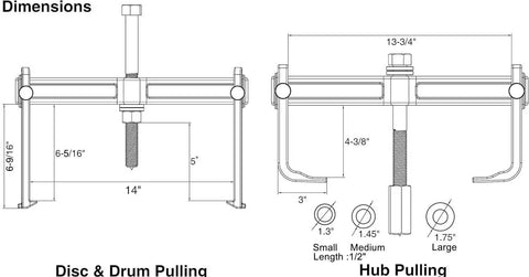 Diagram of Powerful Brake Drum Puller And Rotor Removal Tool dimensions for disc, drum, and hub pulling with adaptor sizes.