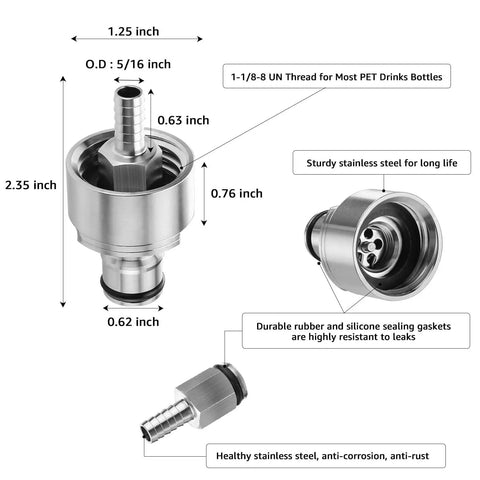Diagram of Ball Lock Disconnect Gas Tubing Kit For Soda And Beer Carbonation, Stainless Steel Cap Kit dimensions and features.