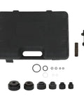 10 Ton Hydraulic Knockout Hole Punch Driver Kit with six dies, rugged drive bolts, and portable case for 1/2 to 2 inch conduit holes.