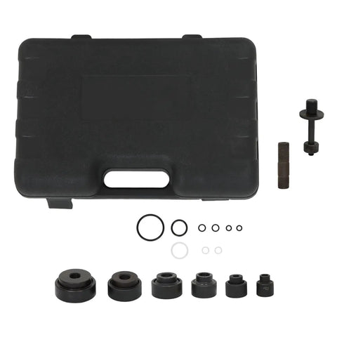 10 Ton Hydraulic Knockout Hole Punch Driver Kit with six dies, rugged drive bolts, and portable case for 1/2 to 2 inch conduit holes.