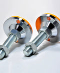 Hardcore Adjustable Furniture Leveler Legs With Thick Rubber Mounts For Workbench And Pool Table Zero Hassle Screw Install Shocks Vibration And Saves Your Floors Two Pack - close-up view of two leveler legs with rubber mounts.