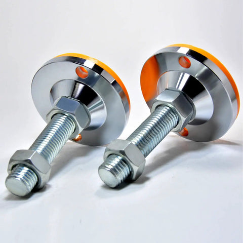 Hardcore Adjustable Furniture Leveler Legs With Thick Rubber Mounts For Workbench And Pool Table Zero Hassle Screw Install Shocks Vibration And Saves Your Floors Two Pack - close-up view of two leveler legs with rubber mounts.