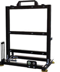 Open Frame PC Test Bench Rig With Aluminum Chassis For DIY Builds Fits ITX MATX ATX Motherboards Holds 2 HDD And 2 SSD Vertical Liquid Cooling Ready Perfect For Overclocking And Custom Rig Building, showcasing a black aluminum frame with mounting spots.