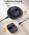 True Wireless Bluetooth Earbuds With 60 Hours Of All Day Juice And Dual Led Power Display Featuring IPX5 Waterproof Rating charging case on wireless charger.