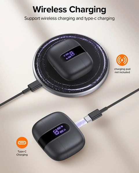 True Wireless Bluetooth Earbuds With 60 Hours Of All Day Juice And Dual Led Power Display Featuring IPX5 Waterproof Rating charging case on wireless charger.
