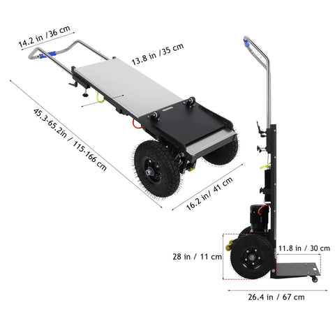 Top Tier Electric Stair Climbing Dolly For Heavy Duty Moving With 880 Lbs Capacity, 1200W Motor And Foldable Design showing dimensions and features.