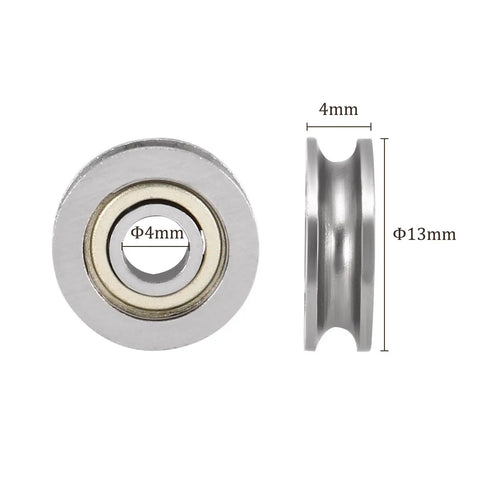 Heavy Duty U604ZZ U Groove Ball Bearings 4 By 13 By 4 mm showing front and side view, made from carbon steel, ideal for smooth operation.