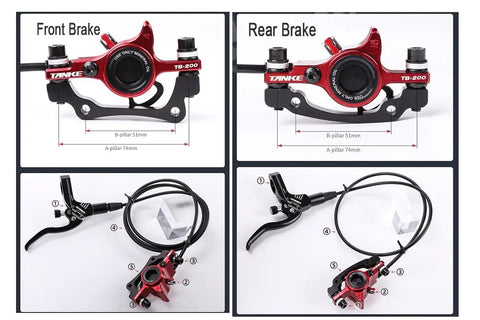 Heavy Duty Hydraulic Disc Brake Kit For Mountain Bikes featuring front and rear calipers, 800mm and 1450mm lines, aluminum construction.