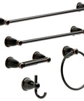 Set of oil rubbed bronze bathroom accessories including towel bars, towel ring, and hooks, featuring "Oil Rubbed Bronze Towel Ring Holder Wall Mounted For Bathroom And Kitchen, 7 Inch Round Ring, Durable Stainless Steel Bath Accessory, 1 Pack, Easy Set Screw Mount, Must Have For Small Bathrooms."