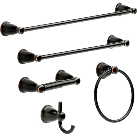 Set of oil rubbed bronze bathroom accessories including towel bars, towel ring, and hooks, featuring "Oil Rubbed Bronze Towel Ring Holder Wall Mounted For Bathroom And Kitchen, 7 Inch Round Ring, Durable Stainless Steel Bath Accessory, 1 Pack, Easy Set Screw Mount, Must Have For Small Bathrooms."