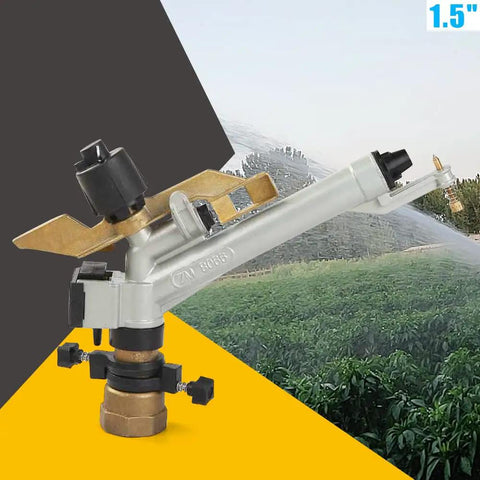 Heavy Duty Pro Grade 1.5 Inch Irrigation Sprinkler Gun with 360 Degree Adjustable Impact Spray, zinc alloy, for large gardens and farms.