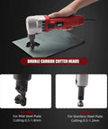Metal Nibbler For Sheet Metal Cutting, 380W Power, 1700 RPM High Speed Rotor, in use on a steel plate with carbide cutter heads.