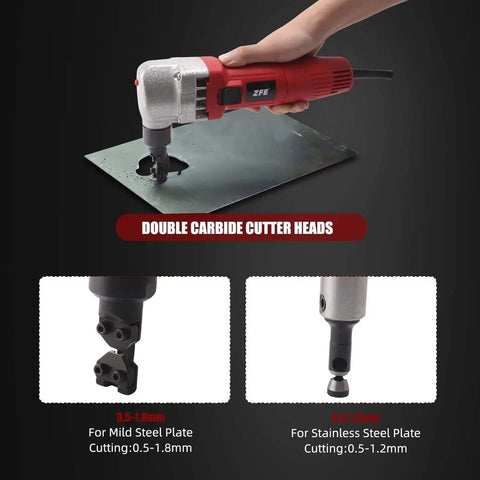Metal Nibbler For Sheet Metal Cutting, 380W Power, 1700 RPM High Speed Rotor, in use on a steel plate with carbide cutter heads.