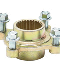 Beefy 4 Lug Rear Wheel Hub Adapter With 28 Tooth Spline Flange Rugged Steel Alloy Construction shown with mounting hardware.
