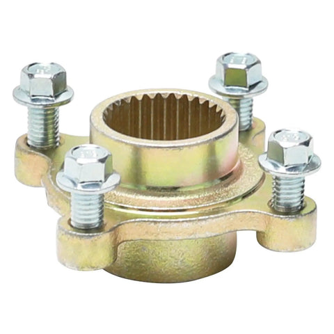 Beefy 4 Lug Rear Wheel Hub Adapter With 28 Tooth Spline Flange Rugged Steel Alloy Construction shown with mounting hardware.