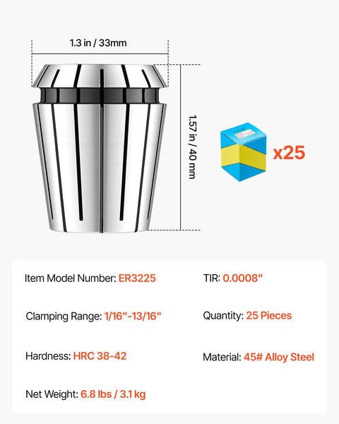 Premium 25 Piece Er32 Spring Collet Set With 1/16 To 13/16 Inch Clamping Range shown, made of 45# Alloy Steel for precision machining.