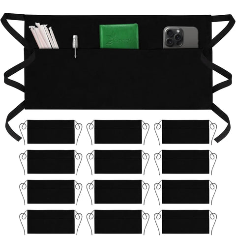 Black Pro Waist Apron With 3 Pockets For Servers And Waitstaff, Water Resistant Durable Polyester Half Apron, 12 Pack