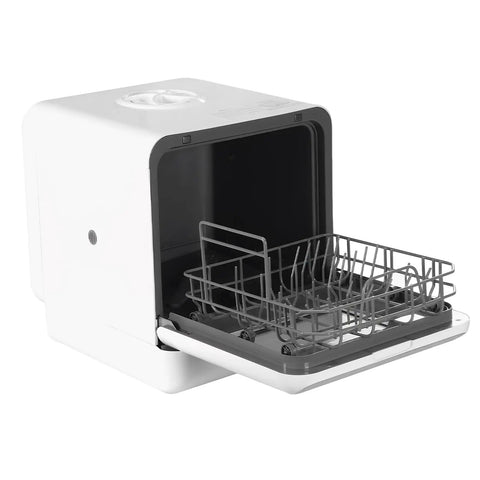 Portable Countertop Dishwasher Features Six Liter Tank Providing Renters A No Sweat Setup Through Instant Plug Play Operation That Demands No Plumbing While Killer Wash Cycle Plus Double Disinfection Produces Sparkled Dishes Suited For Tiny Apartments with an open door and a gray dish rack inside.
