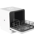 Hassle Free Compact Automatic Countertop Dishwasher Dual Spray No Plumbing Required Easy Setup For Renters Or Small Apartments Quick Dry with open door and gray rack.